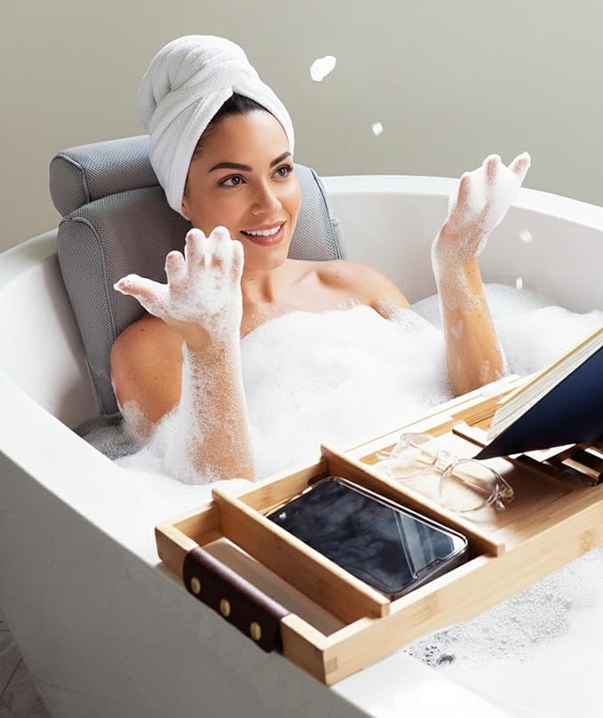 Everlasting Comfort Luxury Bath Pillow for Tub with Head & Neck Support – Non-Slip Bathtub Pillow with Suction Cups, Quick-Dry Mesh & Hook, Spa Accessory – Gray (Pack of 2)