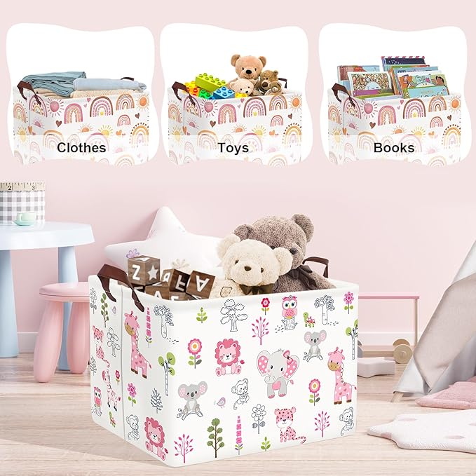 Clastyle Cute Forest Animal Laundry Basket Elephant Lion Kids Clothes Book Storage Basket Gift Toy Box for Bedroom Decor,Pink,40x30x30 cm