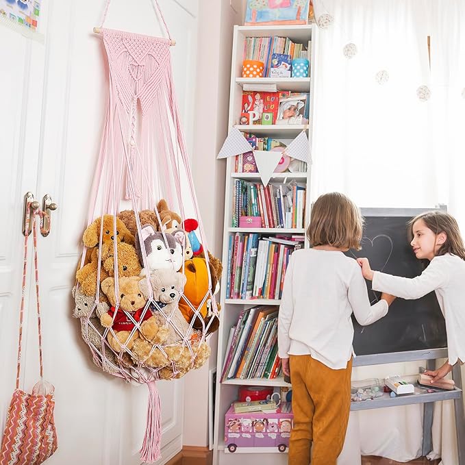 Stuffed Animal Net or Hammock Corner or Wall Hanging Net for Plush Toy Storage Boho Macrame Toy Display Nursery Bedroom Decor Stuffy Animal Toy Organizer (Pink)