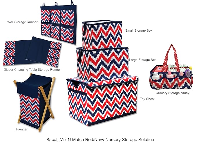 Bacati - Small Storage Tote Mix N Match Ikat Chevron/Dots Navy/Red 10 x 10 x 10 inches