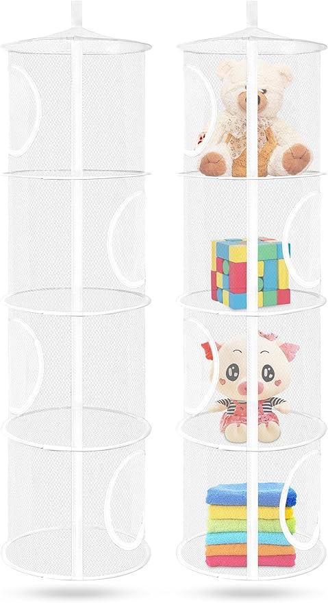 coastal rose 2Pcs Stuffed Animal Storage Foldable Stuffed Animal Net or Hammock Organizer, 4 Compartments Hanging Mesh Toy Storage Hammock for Kid Room Toys, Gloves, Hats, Socks(White)