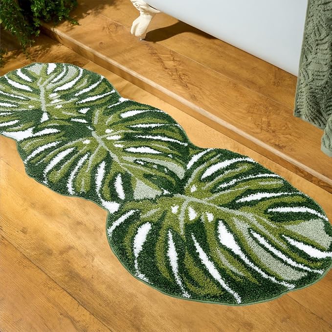 Green Bathroom Runner Rug - Leaf Long Bath Mat Tropical Monstera Bath Rugs Non Slip Washable Bathrug for Bathroom Floor, Cute Restroom Rug, Plant Absorbent Bathmat Botanical Home Decor 24" x 60"