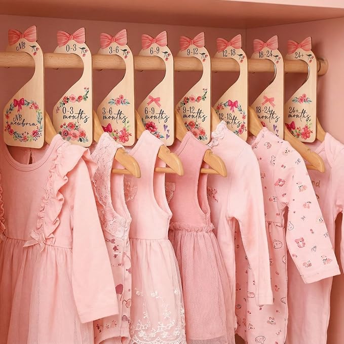 8Pcs Baby Closet Dividers Double Sided Baby Clothes Dividers Beautiful Wooden Nursery Clothes Size Hanger Organizer Minimalist Cute Design Decor Cloth Hanger Divider for Cloth Organizer