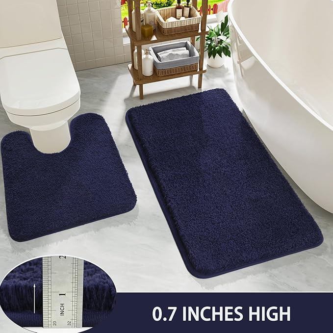 HOMORE Bathroom Rug Set 2 Piece,Soft Absorbent Bath Mats Set,Machine Washable Navy Blue Bath Rug Sets for Bathroom Non Slip,(21"x34"+21"x21") Plush Shaggy U Shape Contour Toilet