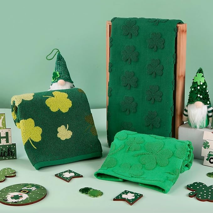 2 Pack St. Patrick's Day Hand Towels Kitchen Dish Towels Green Shamrock 100% Cotton Soft Absorbent Decorative Bathroom Towels Set for Cleaning, Cooking, Swimming,Gifts,13.7'' x 29.5''
