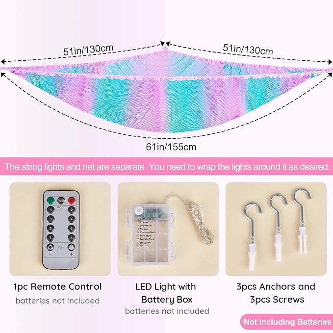 Basumee Stuffed Animals Net or Hammock with LED Light Hanging Toy Net Hammock for Stuffed Animals Storage Stuff Animals Hammocks for Nursery Room with Remote Control, 8 Kinds of Lights(Pack of 1)