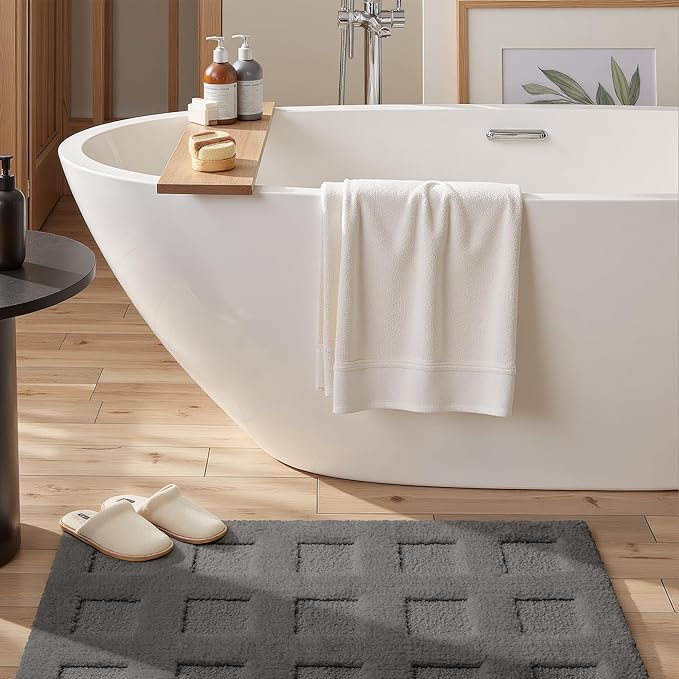GRANNY SAYS Bathroom Rugs Non Slip Washable, Extra Soft & Water Absorbent Bath Mats for Bathroom, Plush Shaggy Bath Carpet, Deep Grey Waffle Bath Mat Quick Dry for Tub & Shower 16" x 24"