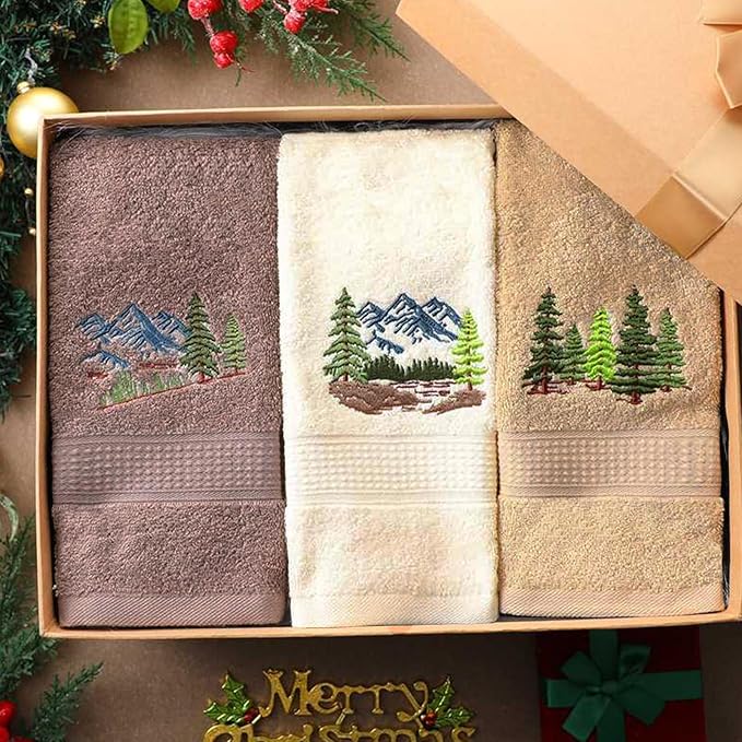 3 Pcs Mountain Hand Towels Farmhouse Decorative Bathroom Towels Set 13.3 x 29.5'' Rustic Pine Trees Country Cabin Lake House Forest Embroidered 100% Cotton for Home Bathroom Kitchen Decor