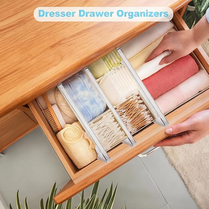 4 Pack Adjustable Drawer Dividers - 4" High Clear Expandable Dresser Organizers 10"-17" Length, Transparent Drawer Separators for Clothes, Underwear, Cosmetics & Kitchen Utensils Storage