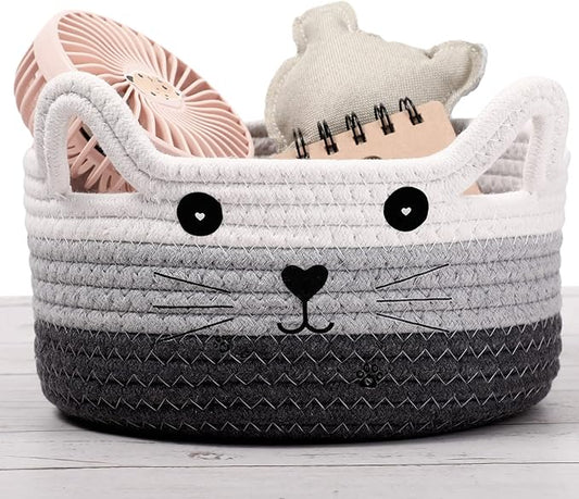 Zopeal Cat Basket Storage Woven Organizer with Ears Christmas Decorative Pet Toy Cute Cotton Rope Basket for Gift Cat Dog Toy Bin Nursery Room(8.3 x 4.7 Inch,White, Light Gray and Gray)