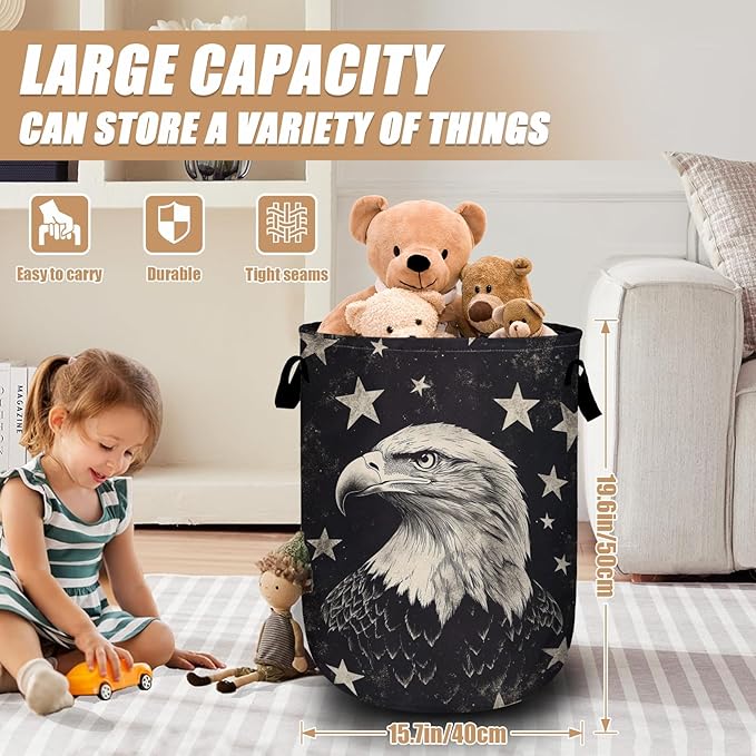 Black Eagle Laundry Basket, Foldable Waterproof Laundry Hamper Tote Bag Dirty Clothes Storage Bucket Toy Organizer for Bathroom/Laundry/Bedroom 15.7"x19.6"