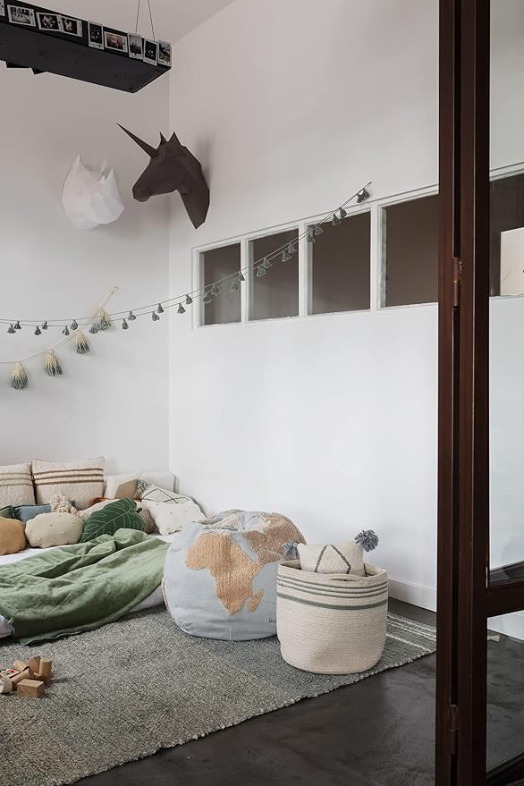 Lorena Canals Basket TWIN for kids' room in Vintage Blue/Natural color. Handmade by artisans in Natural Cotton and Non-Toxic Dyes-Size: 1' x Ø 1'