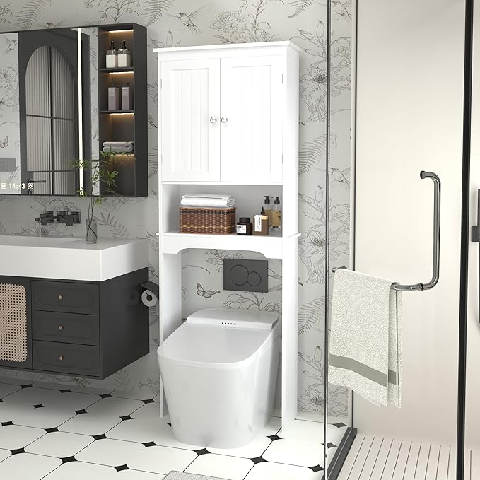 Over The Toilet Storage Cabinet, Bathroom Shelf Over Toilet, Bathroom Organizer and Storage Cabinet,Over Toilet Bathroom Organizer with 2 Doors, Paper Holder and Racks, Bathroom Decor (White-01)