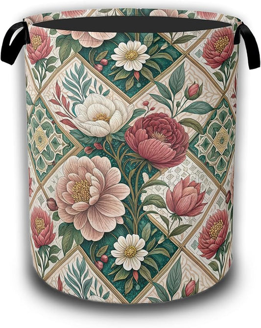 Elegant Floral Laundry Basket,Waterproof Foldable Vintage Peonies Roses Laundry Hamper,Dirty Clothes Basket, Linen Bin Storage Organizer Collection 16" x 20.8"