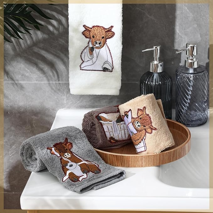 4 Pcs Highland Cow Bathroom Towels Cow Hand Face Wash Towels 29" x 13" Cotton Funny Embroidered Farmhouse Decorative Bathroom Decoration for Kitchen Accessories Housewarming