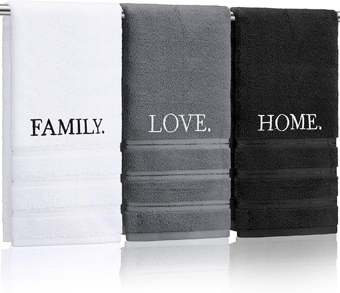 3 Pcs Farmhouse Decorative Hand Towels for Bathroom and Kitchen Rustic Embroidered 100% Cotton Hand Towels Decorative Set for Boho Bathroom Decor(Home Love Family)