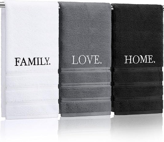 3 Pcs Farmhouse Decorative Hand Towels for Bathroom and Kitchen Rustic Embroidered 100% Cotton Hand Towels Decorative Set for Boho Bathroom Decor(Home Love Family)
