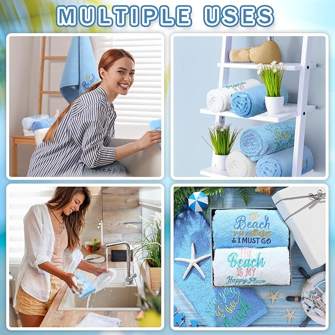 3 Pack Coastal Hand Towels for Bathroom 100% Cotton Embroidered Bathroom Towels 13.78 x 29.53 Inch Hand Towels Soft Absorbent Cotton Towel(Blue Series,Beach)