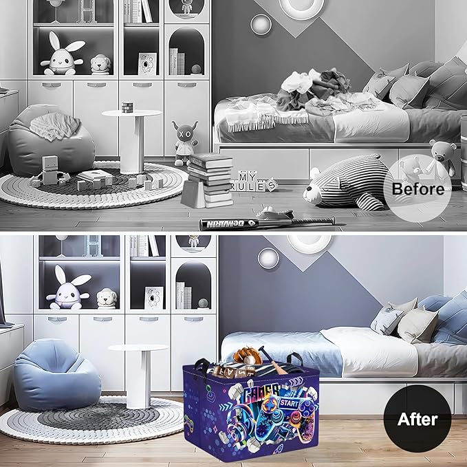 Clastyle Cool Game Storage Basket Kid Game Controller Clothes Laundry Hamper Collapsible Boy Toy Box for Nursery Palyroom,3D Purple,40 * 30 * 30 cm