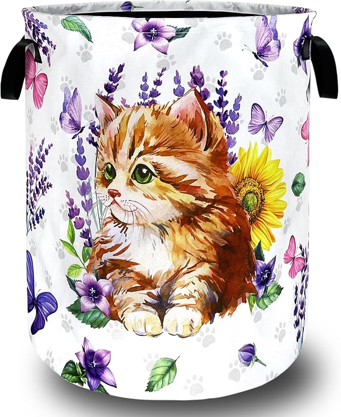 Cute Cats Laundry Basket Foldable Purple Flowers Butterfly Laundry Hamper With Handle Oxford Cloth Portable Clothes Storage Basket Animal Laundry Bag 18.9"x16.5" For Laundry Room/Bedroom/Bathrooms