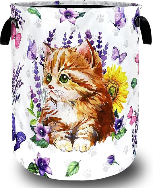 Cute Cats Laundry Basket Foldable Purple Flowers Butterfly Laundry Hamper With Handle Oxford Cloth Portable Clothes Storage Basket Animal Laundry Bag 18.9"x16.5" For Laundry Room/Bedroom/Bathrooms