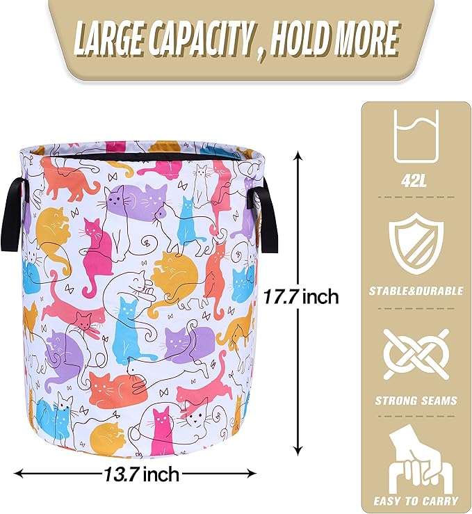 Cute Cat Laundry Basket Foldable Oxford Cloth Funny Tote Bag Laundry Hamper Clothes Storage Bucket Organizer For Bathroom/Laundry Storage/Bedroom Storage Basket 17.7x13.7 Inch