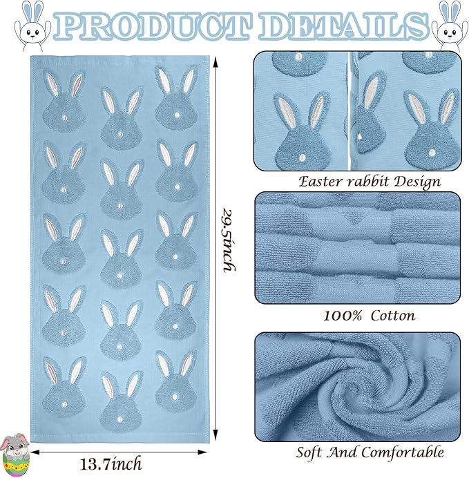 2pcs Easter Bunny Hand Towels Set 100% Cotton Soft Absorbent Spring Bathroom Hand Towels 14x29 Inch Cute Jacquard Easter Kitchen Decor Towels Holiday Kitchen Bathroom Decor Gift(Blue)
