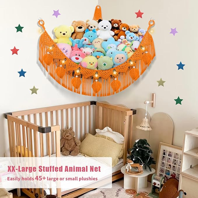 Stuffed Animal Storage Hammock Corner w/LED Star Light, 56'' Large Boho Tassel Leaf Cotton Net Holder for Teddy Plushie, Golden Yellow Nursery Hanging Organizers Toy Hammock Net for Girls Boys Gift