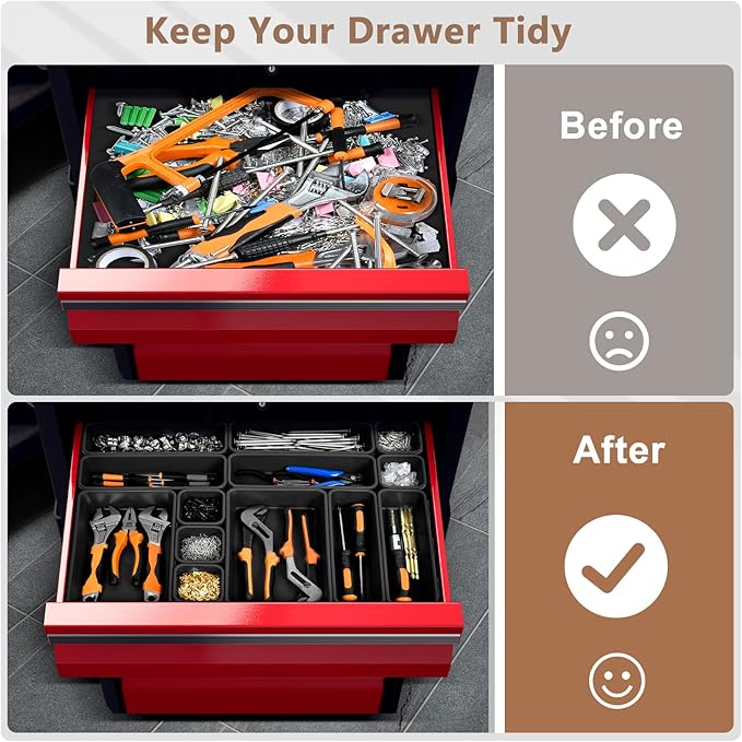 A-LuGei 【𝟰𝟲𝗣𝗖𝗦 & 5 Size】 Tool Box Organizer Tray Divider Set, 【Black】 Bathroom Drawer Organizer Bin, Garage Organization and Storage Toolbox Rolling Tool Chest Cart Cabinet WorkBench Small Part