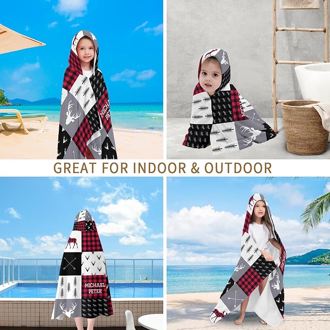 Hooded Towel for 3-12 Years Boys Girls Kids Buffalo Plaid Deer Woodland Bath Pool Beach Towel Wrap Extra Large Soft Absorbent Beach Poncho
