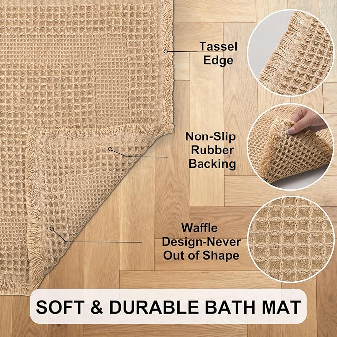 Hiasan Set of 2 Waffle Bath Mat, Super Absorbent Non Slip Bathroom Boho Rug with Tassels, Machine Washable Bath Mats for Bathroom, Ultra Soft Rubber Backed Rug, Loop-Brown, 16" x 24" + 20" x 32"