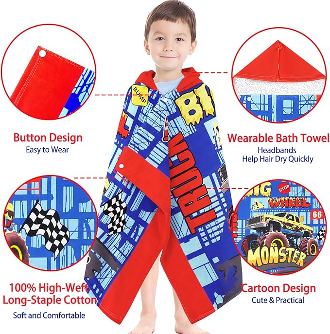Hooded Beach Towels for Kids - Ultra Soft 100% Cotton Big Truck Toddler Hood Bath Towels/Pool Terry Towel Beach Poncho Wrap Absorbent Cute Bath & Swim Wrap Gift for Boys & Girls 3-10 Years - Blue