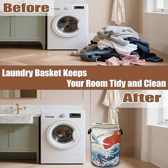 White Crane Laundry Baskets,Red Sun Japanese Wave Laundry Hamper,Storage Basket with Handles for Bathroom Bedroom College Dormitory Living Room Nursery Organizer 16"x20.8"
