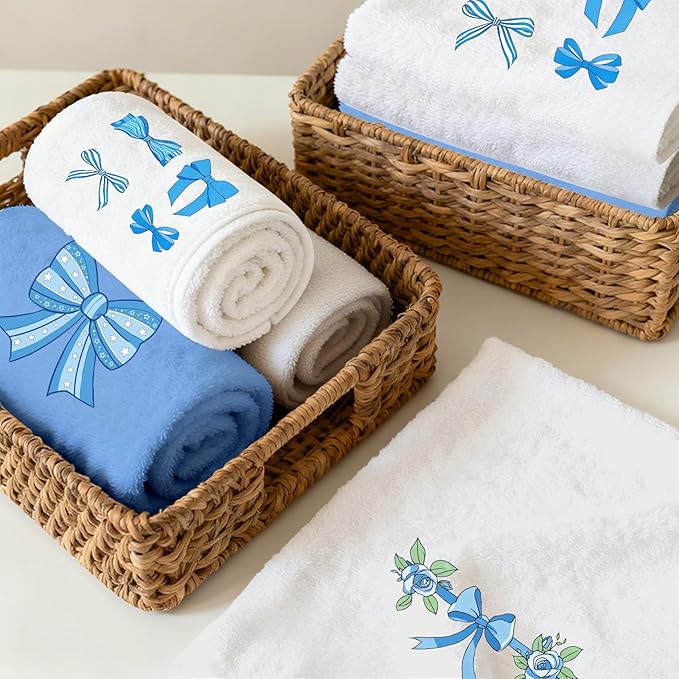 4 Pcs Bow Hand Towels Blue Hand Towels for Bathroom 29" x 13.3" Cute Bath Towel Bow Embroidered Decorative Towel Set Cotton Bowknot Bathroom Accessories Blue Kitchen Decor Bridal Shower Wedding Gift