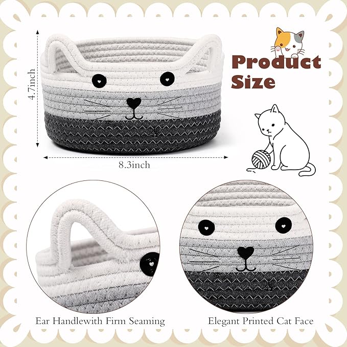 Zopeal Cat Basket Storage Woven Organizer with Ears Christmas Decorative Pet Toy Cute Cotton Rope Basket for Gift Cat Dog Toy Bin Nursery Room(8.3 x 4.7 Inch,White, Light Gray and Gray)