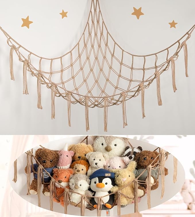 Stuffed Animal Storage Hammock or Net Corner - Large Toy Hammock Net for Stuffed Animals Room Decor - Cute Stuff Animal Organizer Plush Holder - Kids Baby Nursery Essentials Wall Bedroom Home Decor