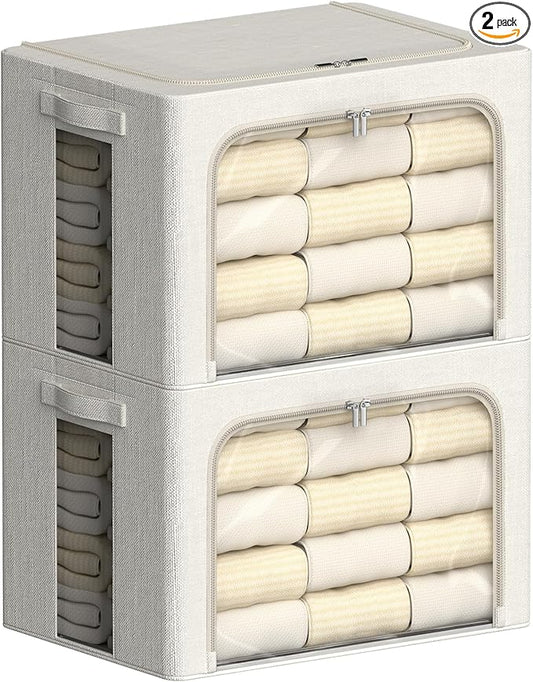FHSQX 2 Pack Clear Window Storage Bins Large Stackable Linen Fabric Storage for Clothes Foldable Container Organizer Set with Carrying Handles (Lvory White, 23.6x 16.5x 15.7 Inch)