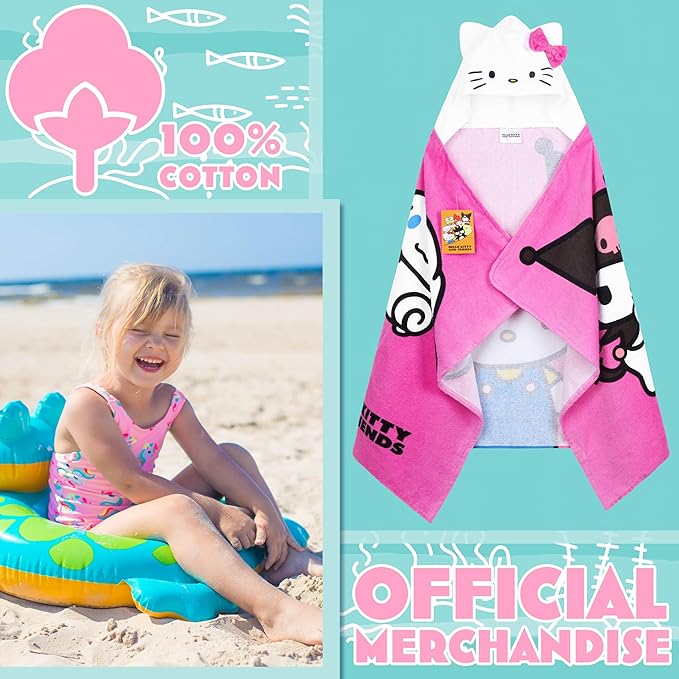 Hello Kitty Beach Towel with Hood for Girls Cinnamoroll Kuromi Kids Poncho Bath Towels Kawaii Beach Accessories Travel Essentials Girls Gifts (Pink Towel Hello Kitty, 6-14 Years)