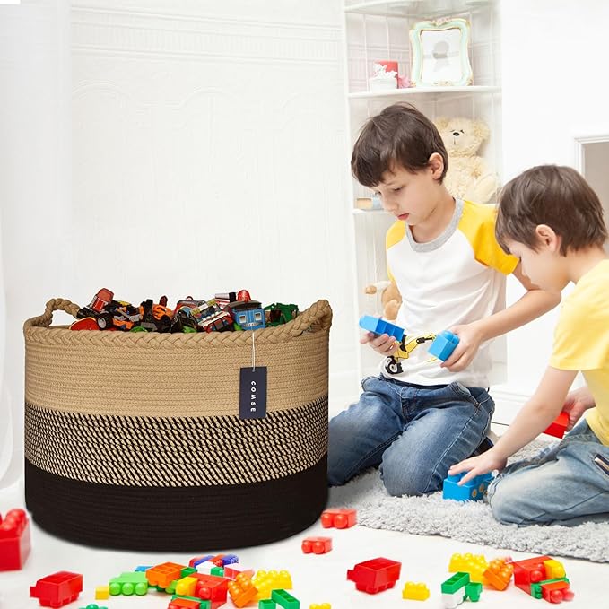 COMSE Extra Large Blanket Basket, Woven Laundry Basket, 21.7”x 13.8”, Nursery Hamper, Cotton Rope Laundry Hamper Living Room for Storage Toys Clothes Towels (Brown & Black)