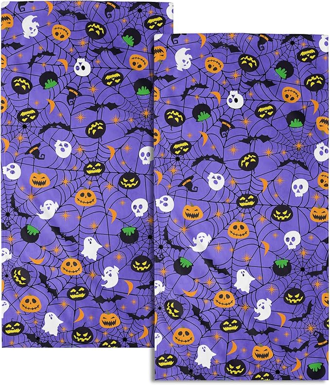 Halloween Spooky Bat Pumpkin Hand Towel Set of 2 Soft Absorbent Funny Halloween Scary Purple Spiderwebs Tea Towels Baking Cooking Wash Cloth for Bathroom Kitchen Bar Beach Gym Spa Decor 14x28 Inch