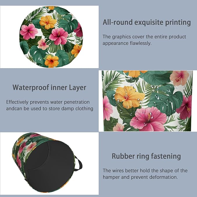 Hibiscus Laundry Basket,Palm Leaves Foldable Oxford Cloth Tote Bag Laundry Hamper Clothes Storage Bucket Organizer for Bedroom Laundry Storage Dormitories 16" x 20.8"