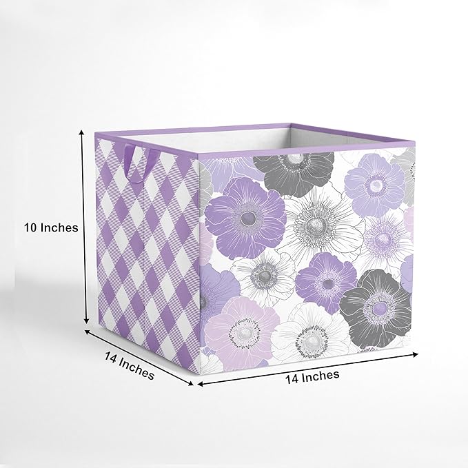 Bacati - Large Storage Tote Watercolor Flowers Purple/Gray 14 x 14 x10 inches