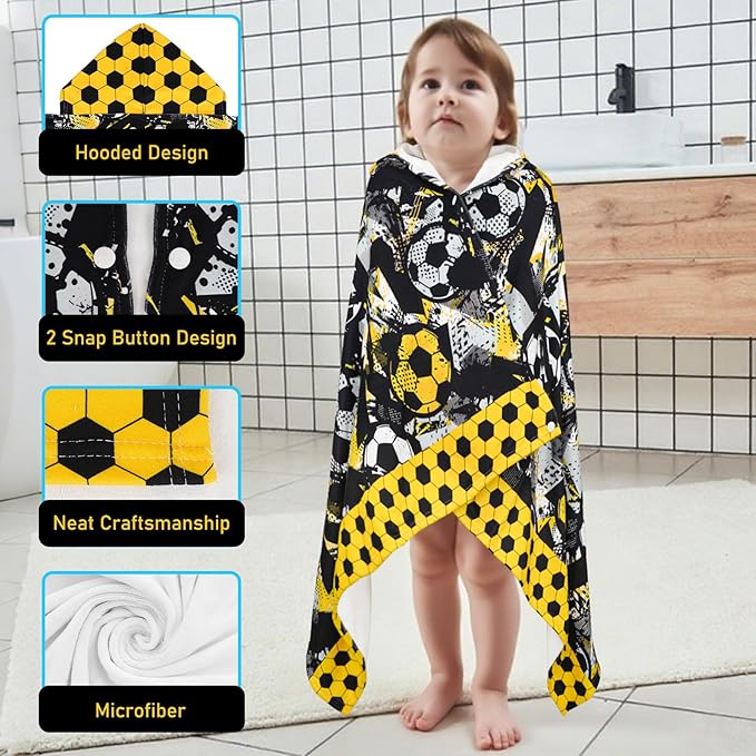 Hooded Towels for Kids Soccer 50" x 30" Toddler Bath Beach Towel Poncho with Hood Super Soft and Absorbent 100% Microfiber for Boys Ages 3-10