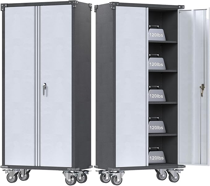 Rolling Garage Storage Cabinet with Locking Door and Shelves, 71''H Lockable Metal Storage Cabinet on Wheels, Steel Tool Cabinet for Warehouse, Basement, Utility Room, Black&Gray