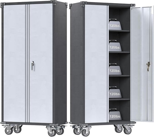 Rolling Garage Storage Cabinet with Locking Door and Shelves, 71''H Lockable Metal Storage Cabinet on Wheels, Steel Tool Cabinet for Warehouse, Basement, Utility Room, Black&Gray