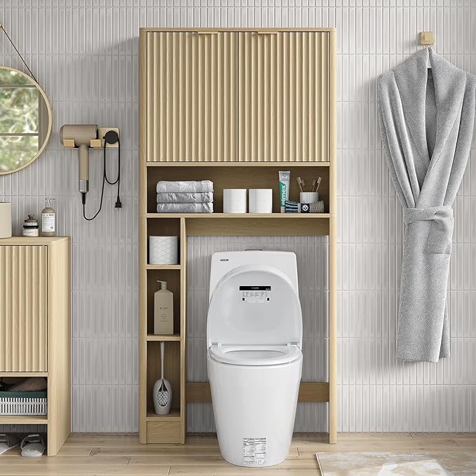 Furnideco 31''W Over Toilet Storage Cabinet Modern Above Toilet Shelf Cabinet with Fluted Doors & Toilet Paper Storage Holder for Bathroom, Natural Oak