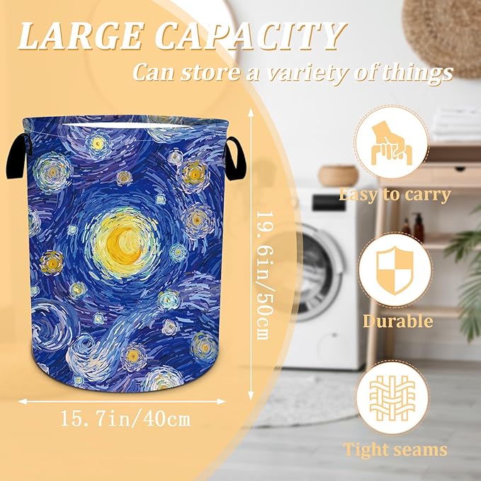 Starry Night Laundry Basket, Foldable Waterproof Oxford Cloth Laundry Hamper Funny Tote Bag Dirty Clothes Storage Bucket Toy Organizer for Bathroom/Laundry/Bedroom 15.7"x19.6"