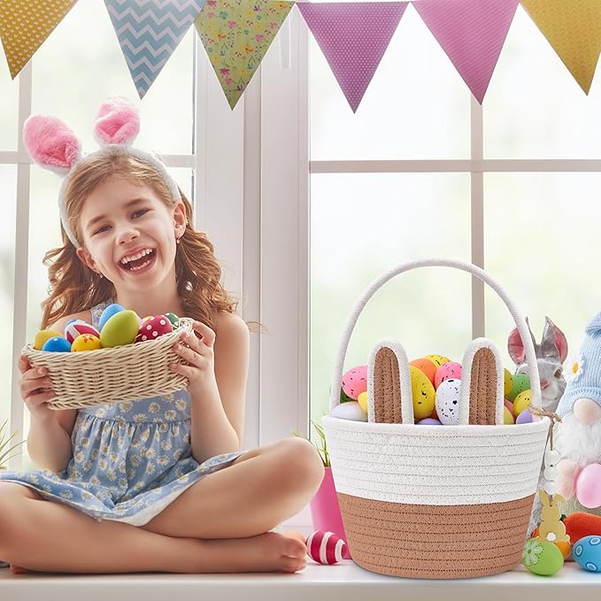 Easter Baskets for Kids, Small Bunny Personalized Easter Basket Empty with Handle, Basket Name Tags, Woven Rope Baby Easter Egg Baskets for Babies Girls Boys Toddler Infant, 8.7" x 6.9" x 6.3"