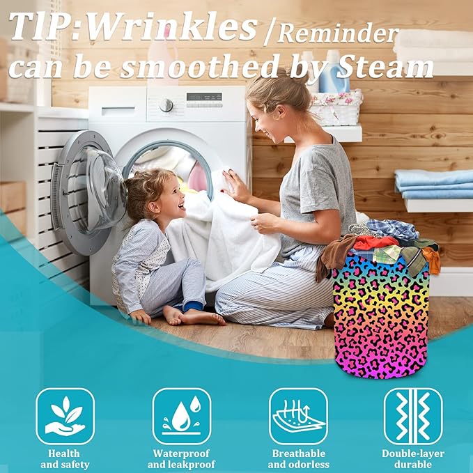CoLorful Leopard Rainbow Laundry Basket, Foldable Waterproof Oxford Cloth Laundry Hamper Funny Tote Bag Dirty Clothes Storage Bucket Toy Organizer for Bathroom/Laundry/Bedroom 15.7"x19.6"