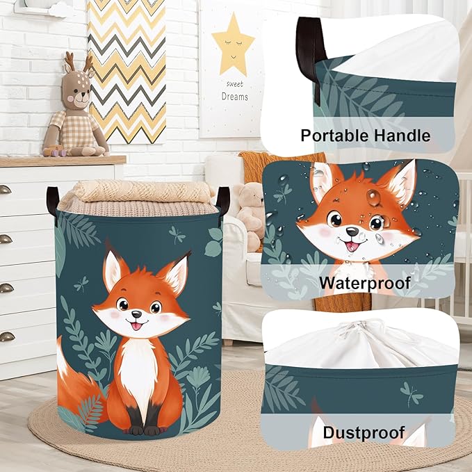 Clastyle Cute Woodland Animal Laundry Basket Kids Clothes Book Storage Basket Gift Toy Box for Bedroom Decor,Fox,36x45 cm